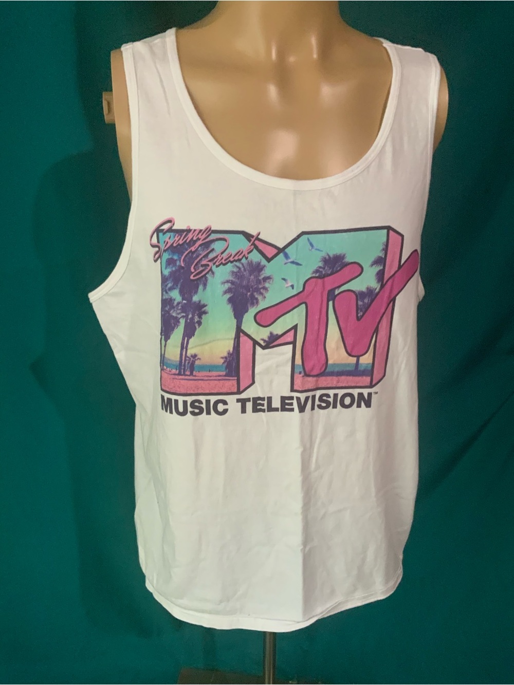 MTV Spring Break Graphic Tank Top - White with Pink & Teal Print